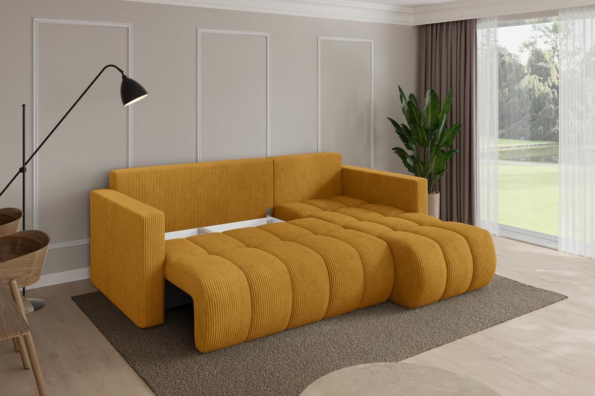 ECKSOFA mit Schlaffunktion Ottomane Rechts GARD-L 226x146x85 Senfgelb Cord - Dunkelgelb/Schwarz, Holzwerkstoff/Kunststoff (226/146cm) - ALTDECOR