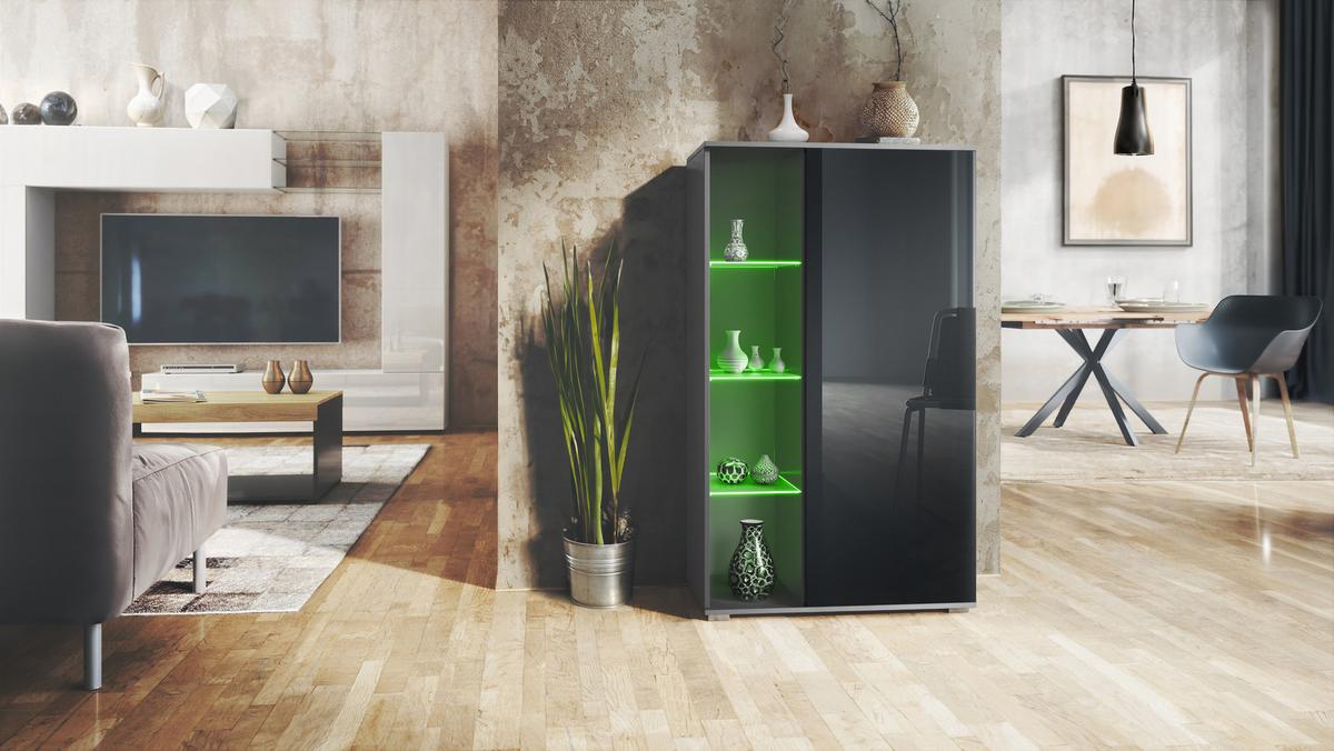 VITRINE Davos Schwarz Hochglanz - Schwarz Hochglanz, Holzwerkstoff (71.5/134/35cm) - Vladon