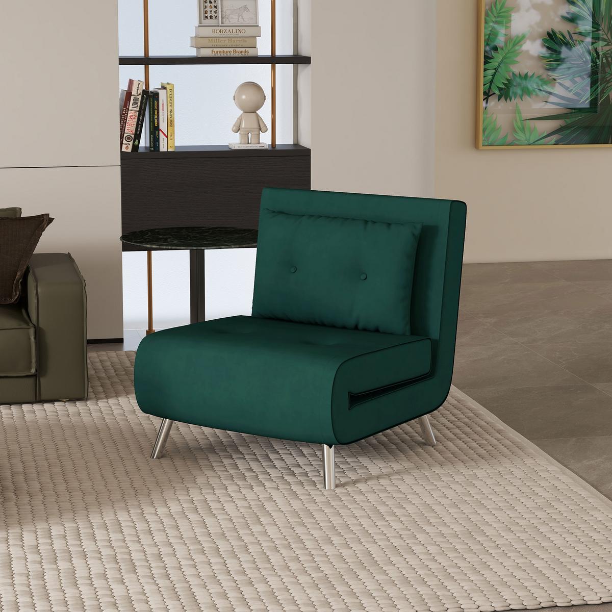 SCHLAFSESSEL Klappsessel mit Bettfunktion, Einzelsofa mit Kissen, Samtoptik Grün - Dunkelgrün/Silberfarben, Textil/Metall (88/83/77cm) - HOMCOM