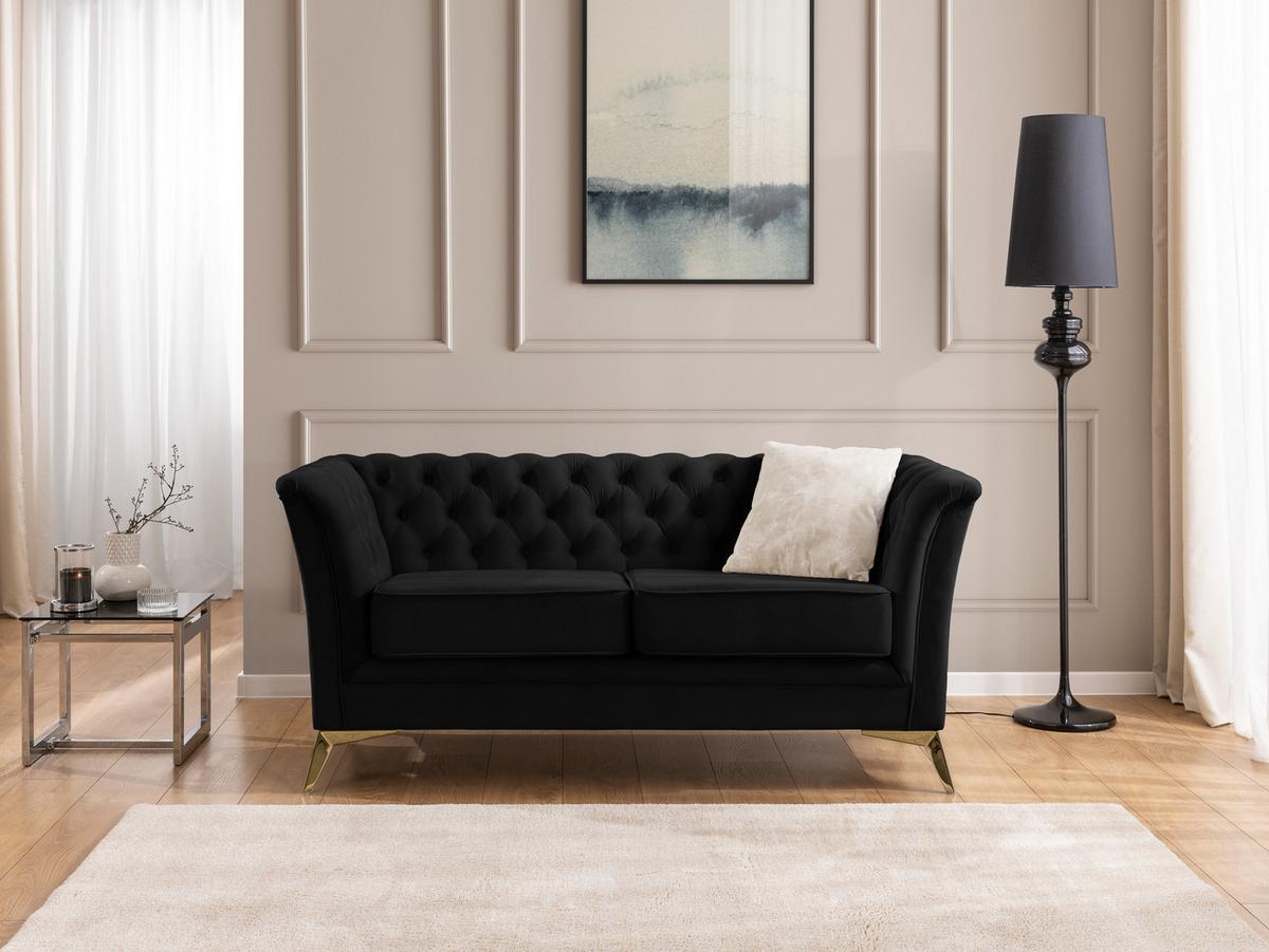 SITZGARNITUR 3+2+1 Chesterfield Whitby Schwarz Samt mit goldenen Füßen - Goldfarben/Schwarz, Holz/Textil (237/78/82cm) - S-Style Möbel