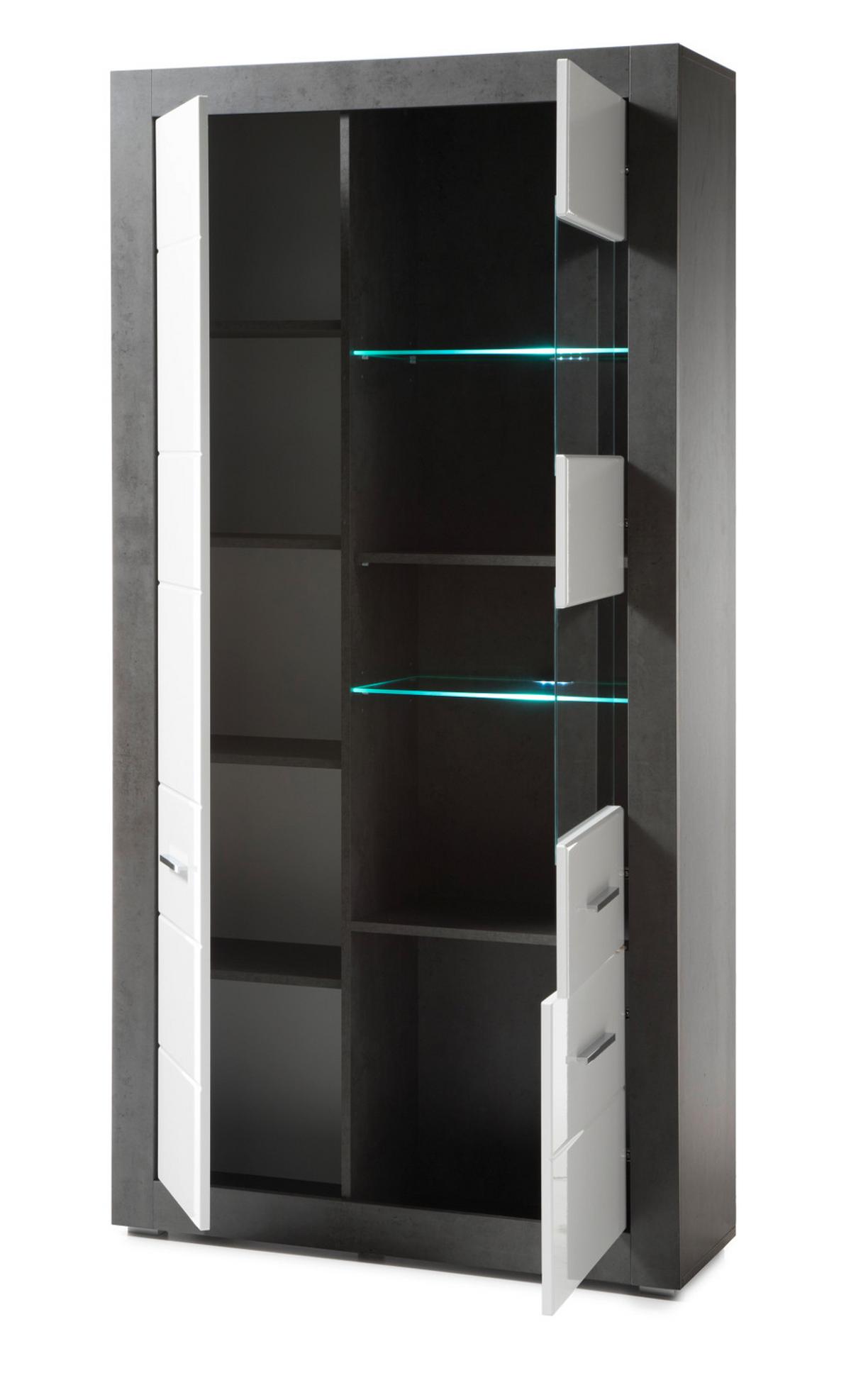 VITRINE weiß Hochglanz, grau Stone 100 cm, Vitrinenschrank mit 10 Fächern - Chromfarben/Weiß Hochglanz, Glas/Holzwerkstoff (100/198/35cm) - Furn.Design