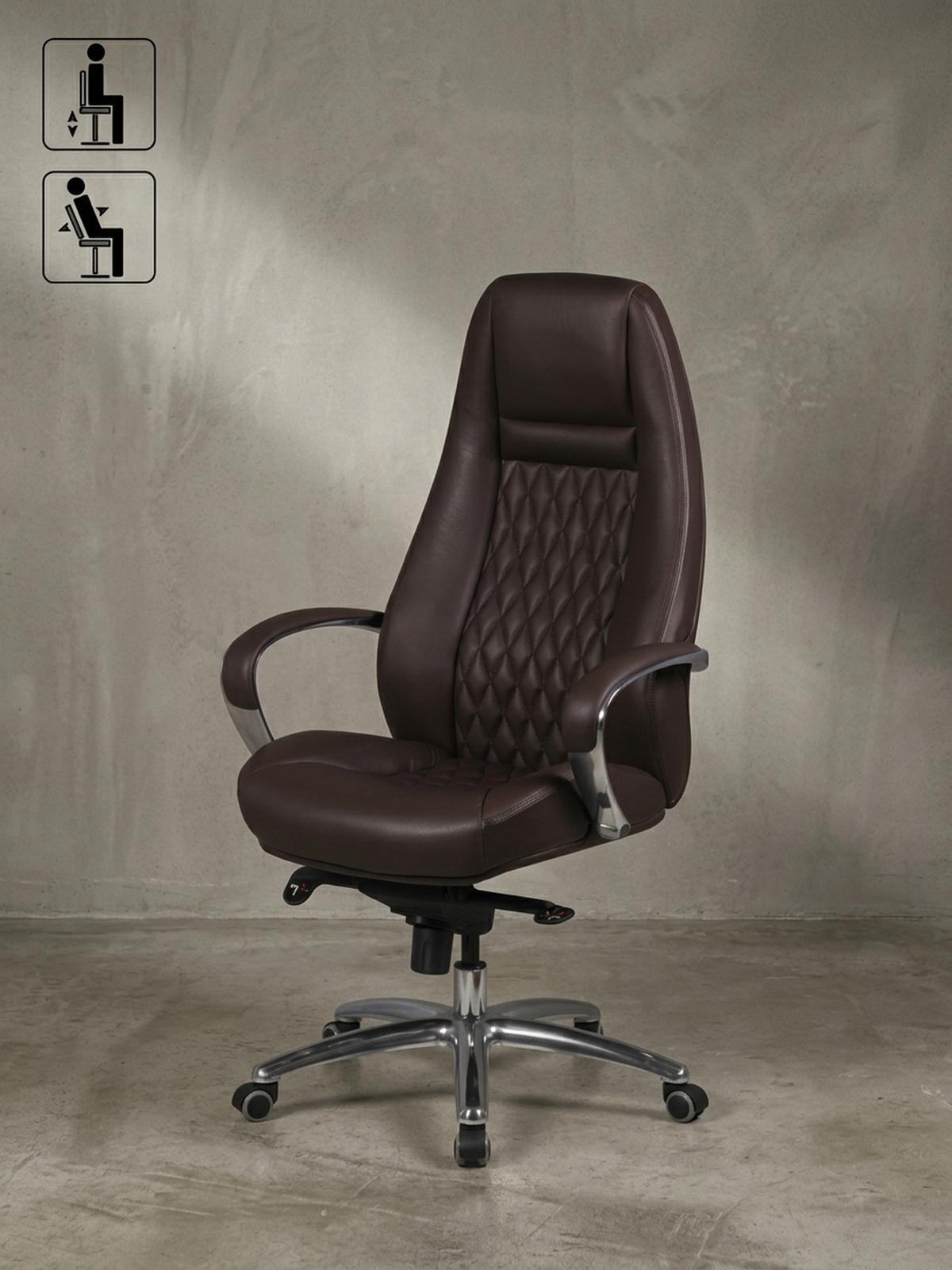CHEFSESSEL Echtleder mit Aluminiumfußkreuz und ergonomischer Sitzform MADRID, Braun 70x68x130 cm - Silberfarben/Braun, Leder/Metall (70/130/68cm) - KADIMA DESIGN