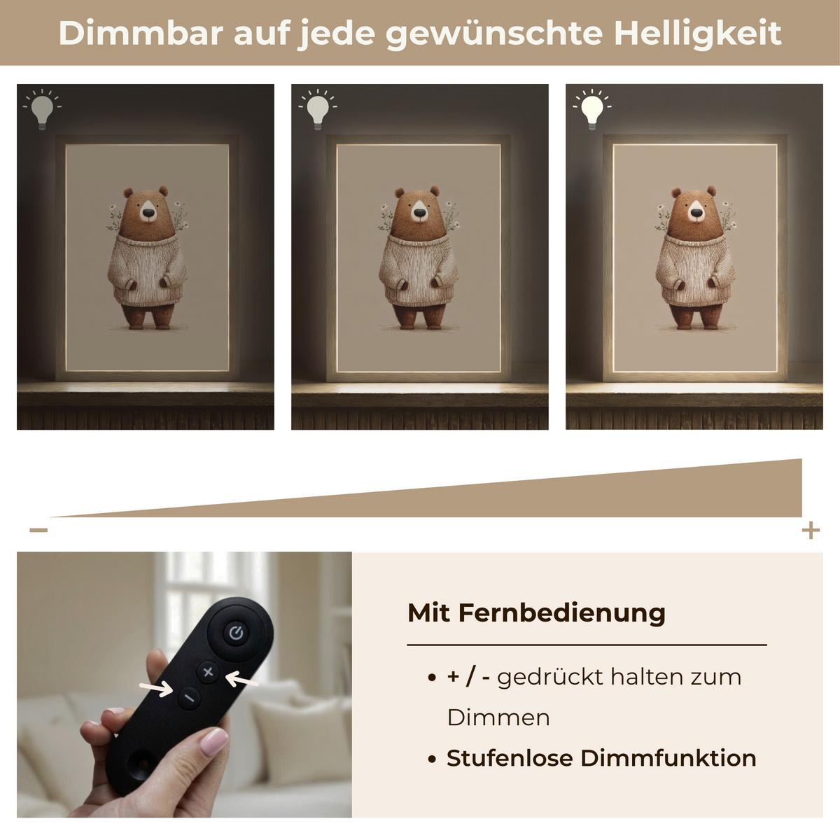 WANDLEUCHTE MIT AKKU Bär - Weiße Blumen - Gemütlich 30x40 cm - Taupe, Holzwerkstoff (30/40/8cm) - OnlyWow
