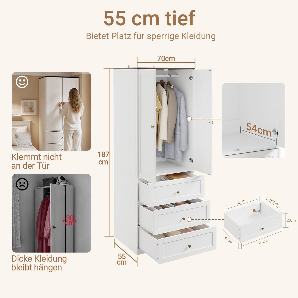 KLEIDERSCHRANK mit Schubladen KSB04-W - Ahornfarben, Fell (70/187/55cm) - SoBuy