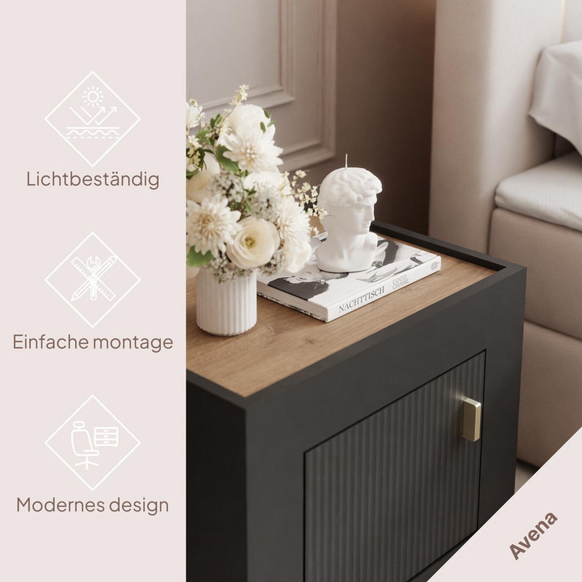 NACHTSCHRANK AVENA 48/36/47 cm Schwarz/Eiche - Schwarz, Holzwerkstoff/Kunststoff (48/47/36cm) - Idohome