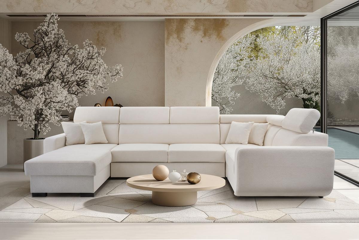 WOHNLANDSCHAFT CASTELLO Beige Plüsch-Stoff mit Schlaffunktion - Beige, Holz (337/97/184cm) - MASSENO