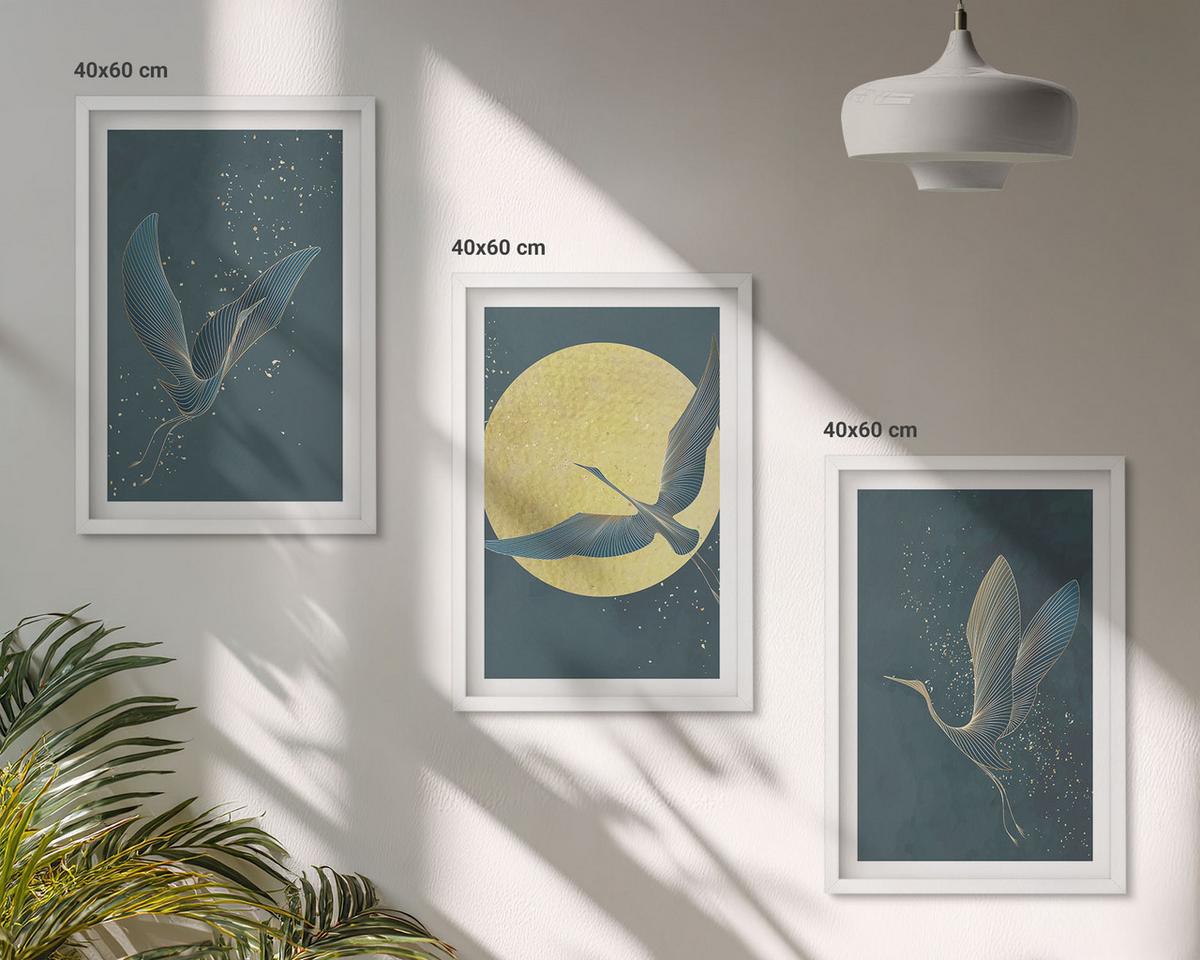BILDER SET 3er Set - 40x60 cm Weißer Rahmen - Kraniche im Flug bei Nacht - Weiß, Kunststoff (40/60cm) - TULUP