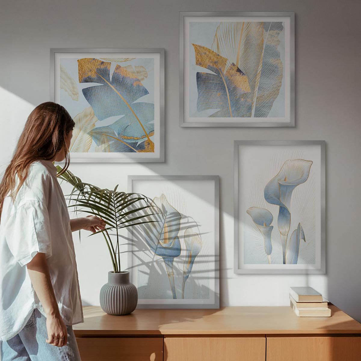 BILDER SET 4er Set - 50x50 cm & 40x60 cm Silberner Rahmen - Blaue Blumen im Hintergrund - Silberfarben, Kunststoff (50/50cm) - TULUP