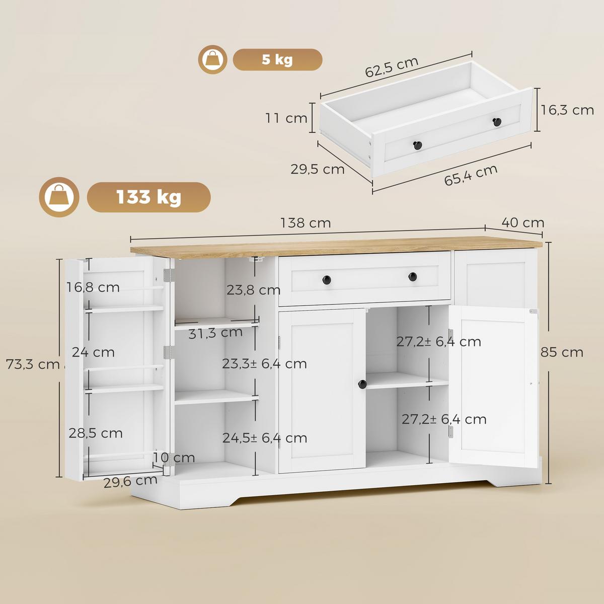 SIDEBOARD Spanplatte MDF Weiß - Schwarz/Weiß, Holzwerkstoff/Metall (40/83.5/138cm) - HOMCOM
