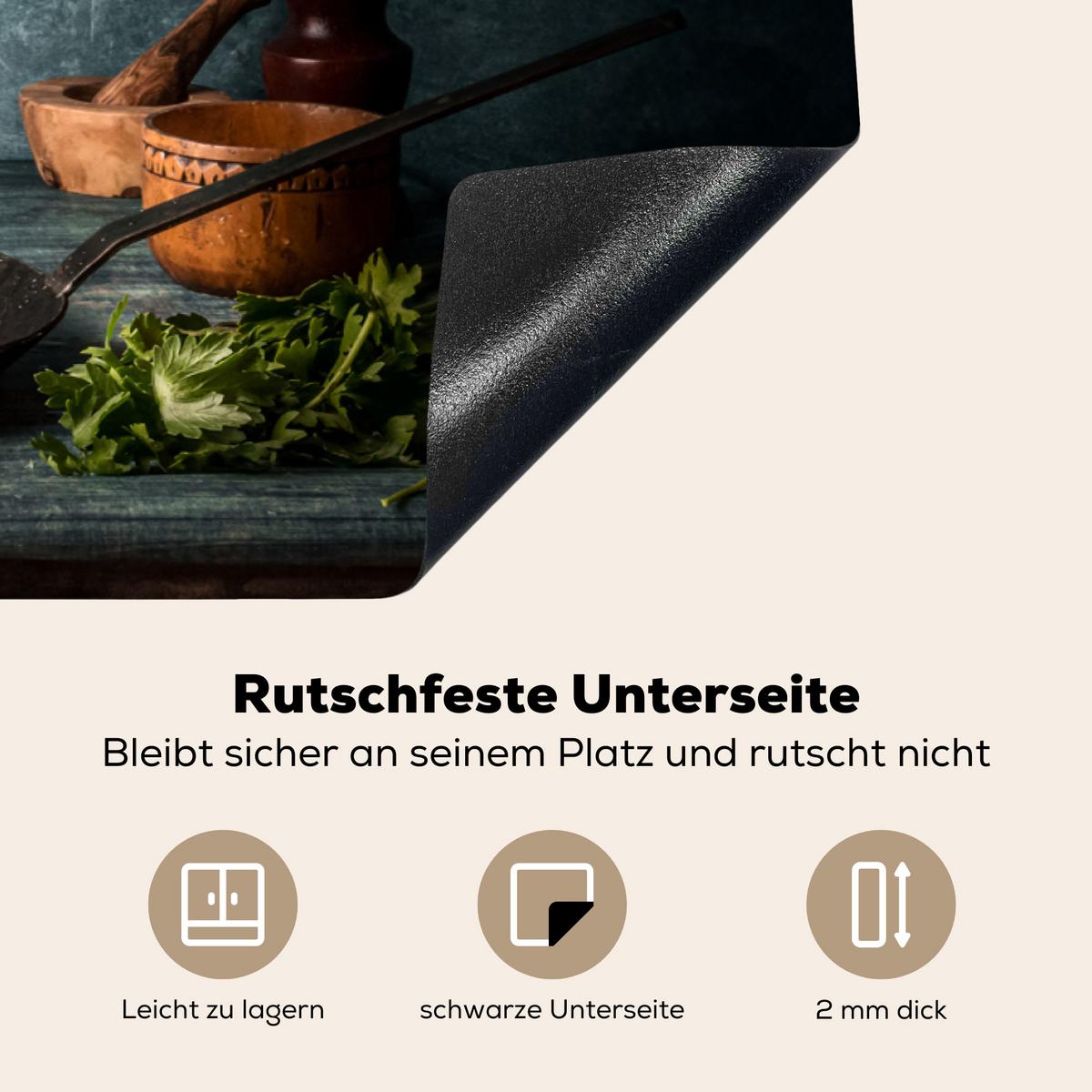 HERDABDECKPLATTE Kräuter - Gewürze - Pfanne - Messer - Grau - Rustikal Induktionsschutz 91.6x52.7 cm - Petrol, Kunststoff (91.6/52.7/0.2cm) - MuchoWow