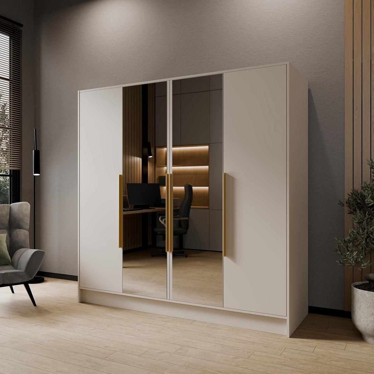 DREHTÜRENSCHRANK RENVO 200/200/51 cm Modern Kleiderschrank 4-türig mit Spiegel Kaschmir - Kaschmir, Holzwerkstoff (200/200/51cm) - MASSENO