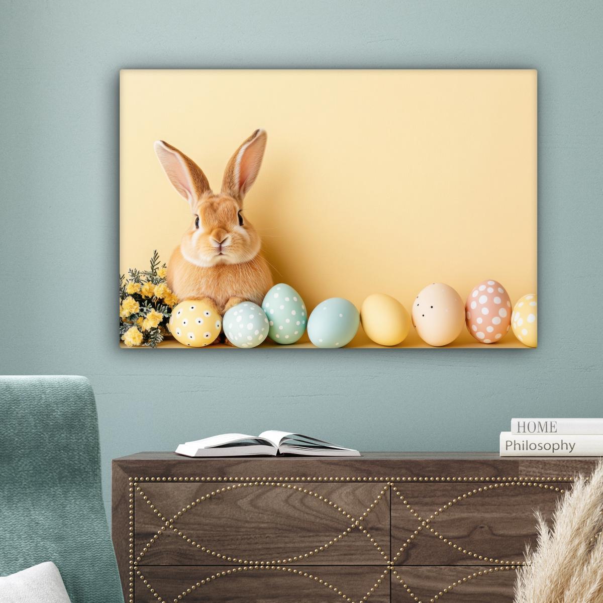 LEINWANDBILD Eier - Kaninchen - Pastellfarbtöne Gemälde 60x40 cm - Hellgelb, Textil (60/40cm) - MuchoWow