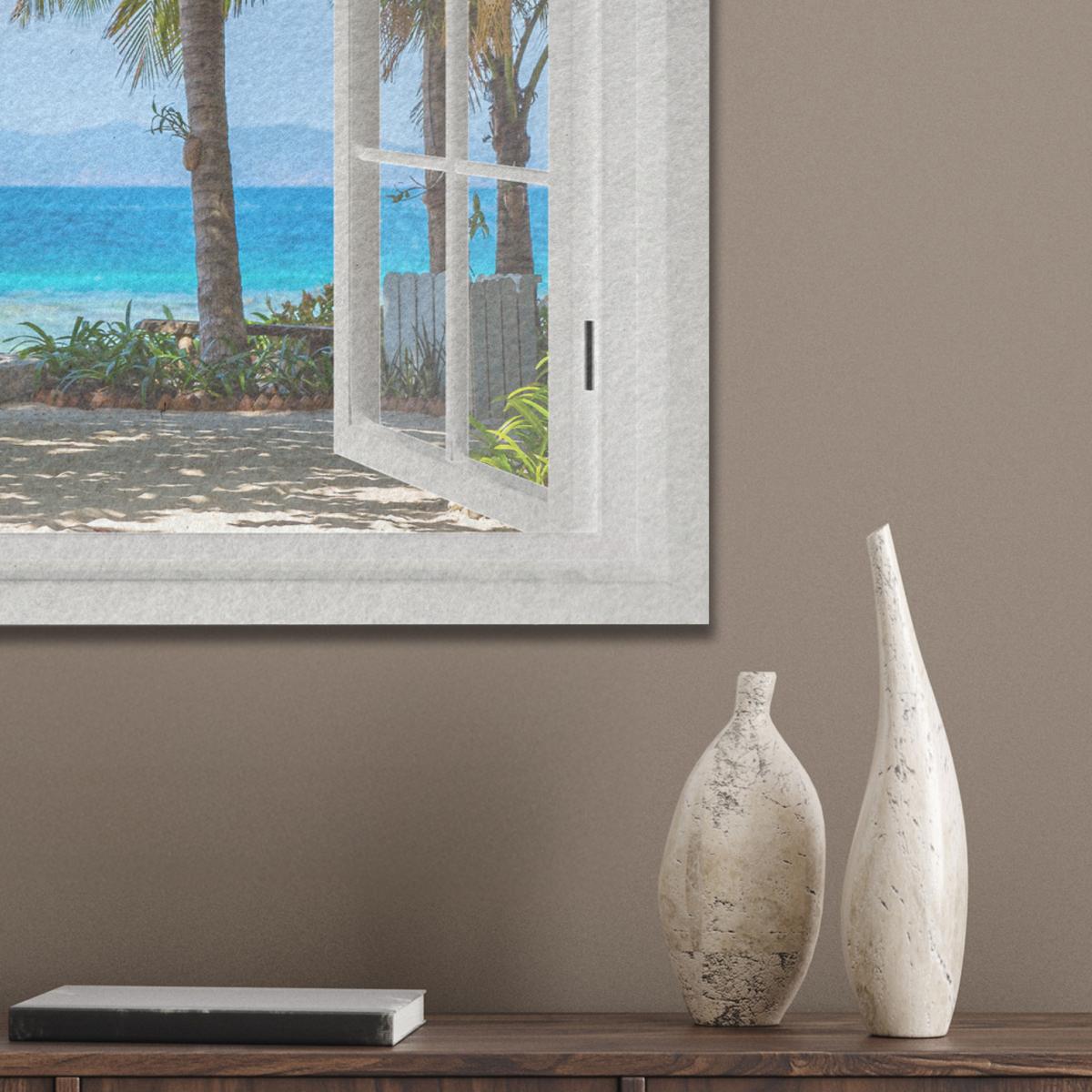 AKUSTIKBILD Aussicht - Baum - Meer - Palme - Hügel - Strand - Blau Wanddeko 70x50 cm - Blau, Kunststoff (70/50/0.9cm) - MuchoWow