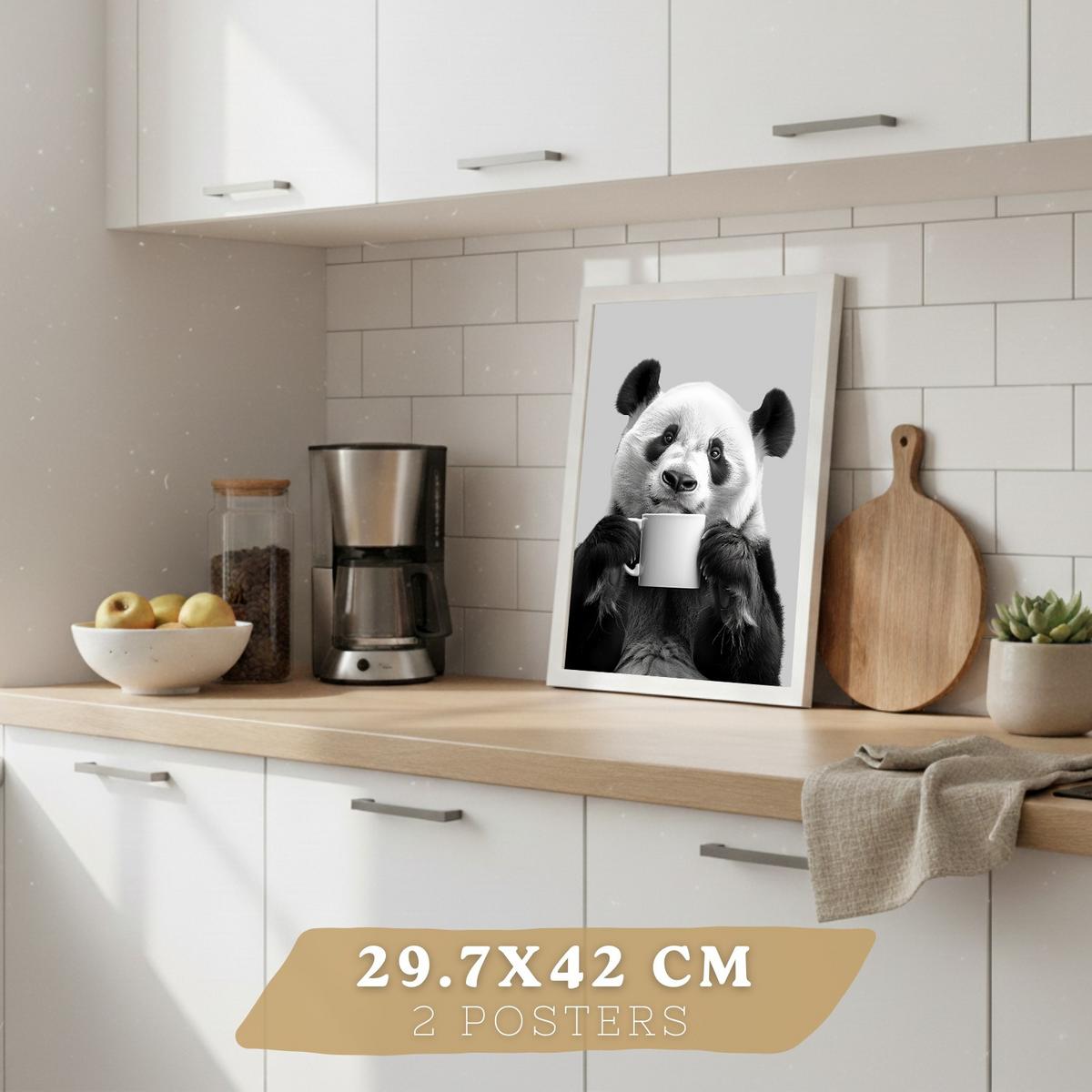 POSTER 2er Set Lustige Panda-Wandbilder Schwarz Weiß Tier Weinglas und Kaffeetasse Küche Wanddeko Rahmenlos A3 - Weiß, Papier (29.7/1/42cm) - Nacnic