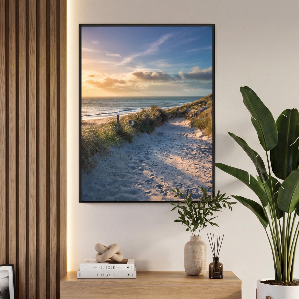 LEINWAND Bilder mit Rahmen - Sonnenuntergang - Strand - Düne - Gras - Ufer - 70x100 - Sandfarben, Textil (70/100cm) - MuchoWow
