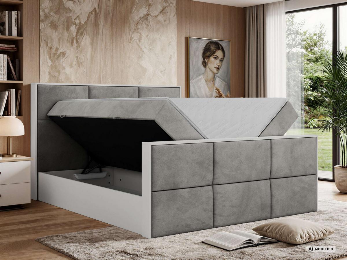 BOXBETT DELVIT DUO 140/200 - Hellgrau Velvet - Topper Visco - H3 - Hellgrau/Schwarz, Kunststoff/Textil (140/200cm) - MKS