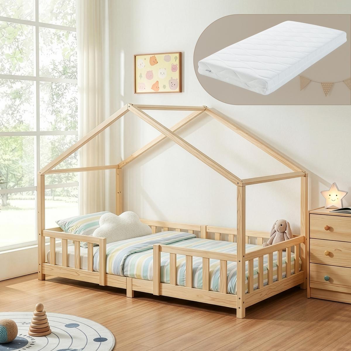 HAUSBETT Treviolo mit Matratze - Naturfarben, Holz/Textil (90/200cm) - [en.casa]