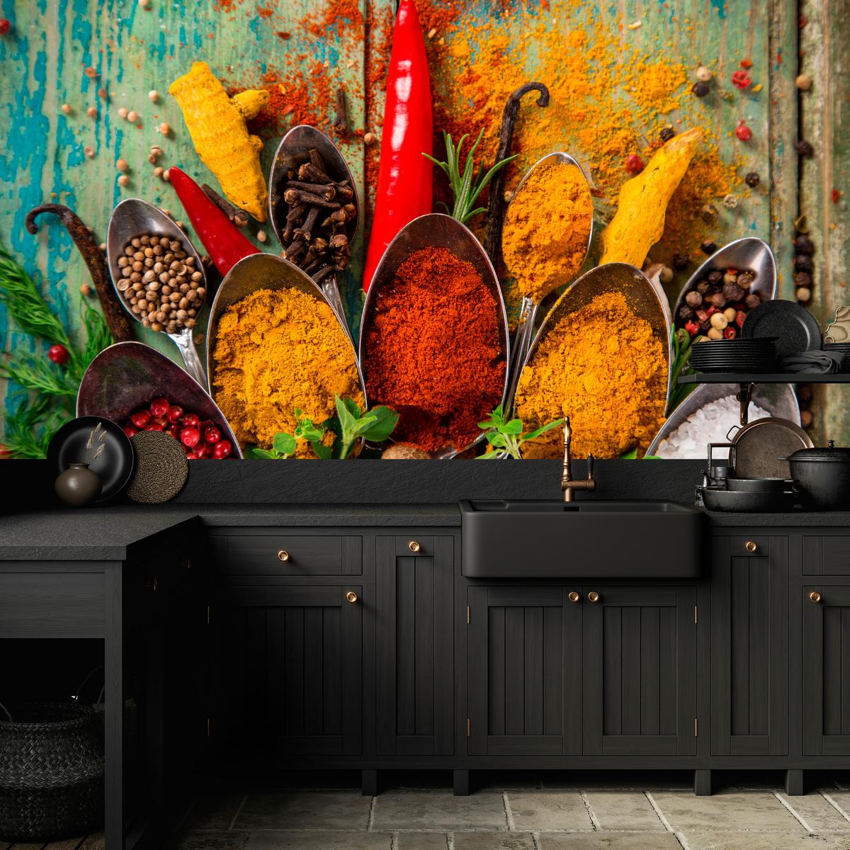 FOTOTAPETE für Küche Gewürze Holz Rustikal Paprika Ingwer 450x315 - Türkis/Blau, Papier (450/315cm) - Muralo