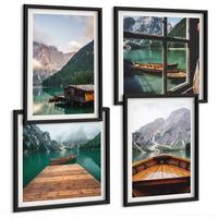 BILDER SET 4er Set - 50x50 cm & 40x60 cm Schwarzer Rahmen - Berglandschaften, Ferienhäuser, Boote - Schwarz, Kunststoff (50/50cm) - TULUP