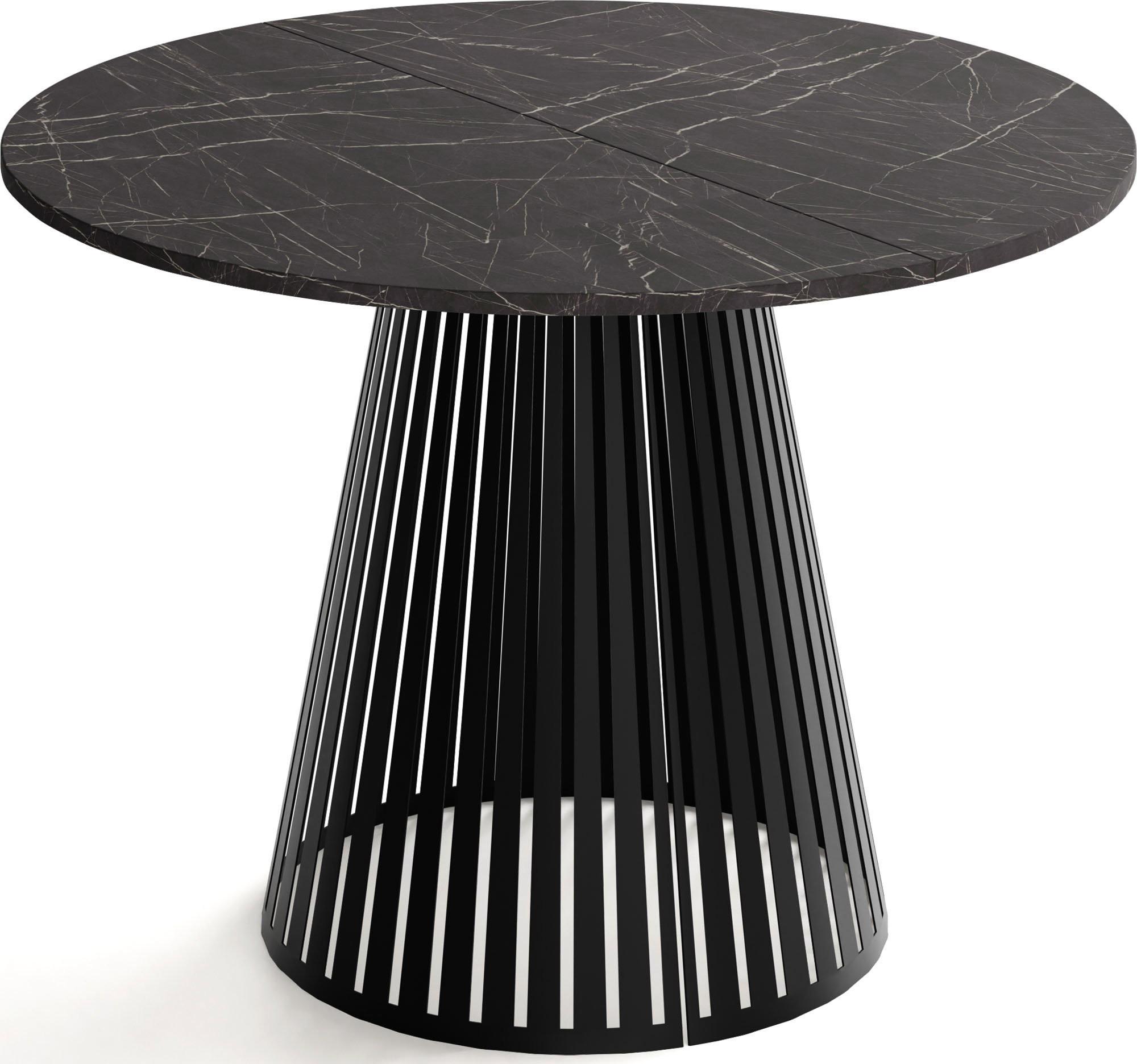 ESSTISCH Naro rund ausziehbar mit Schwarzem Lamellen-Metallgestell, Marmor Schwarz 120-200/120/76 cm - Anthrazit/Schwarz, Holzwerkstoff/Metall (120/196/76cm) - WFL GROUP