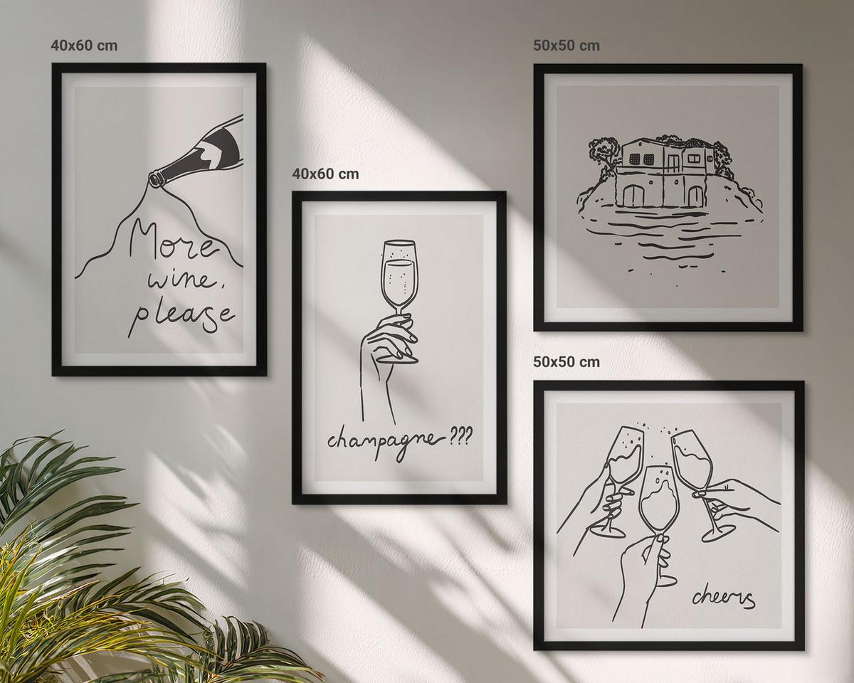 BILDER SET 4er Set - 50x50 cm & 40x60 cm Schwarzer Rahmen - Fröhliche Momente mit Champagner - Schwarz, Kunststoff (50/50cm) - TULUP