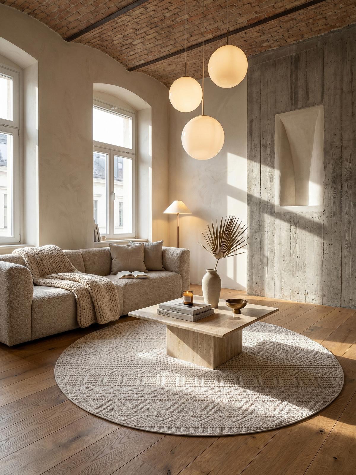 TEPPICH Flachgewebe LANGAU in Creme, mit Ethno-Streifen, Ø 120 cm - Creme, Textil (120/120cm) - KADIMA DESIGN