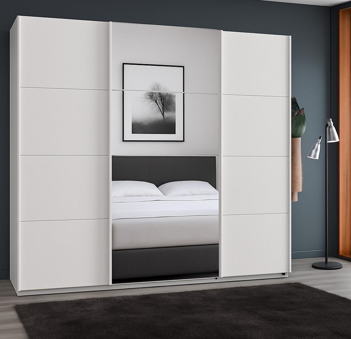 SCHWEBETÜRENSCHRANK 3-türig B225/H236/T64 cm extrahoch in Weiß, Kleiderschrank mit einer Spiegeltür / 22539 - Goldfarben/Weiß, Holzwerkstoff/Metall (225/236/64cm) - luma-home