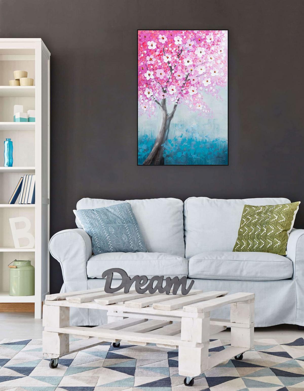 ACRYLBILD HANDGEMALT 60/90 cm - Blau/Pink, Holz/Textil (60/90cm) - KUNSTLOFT