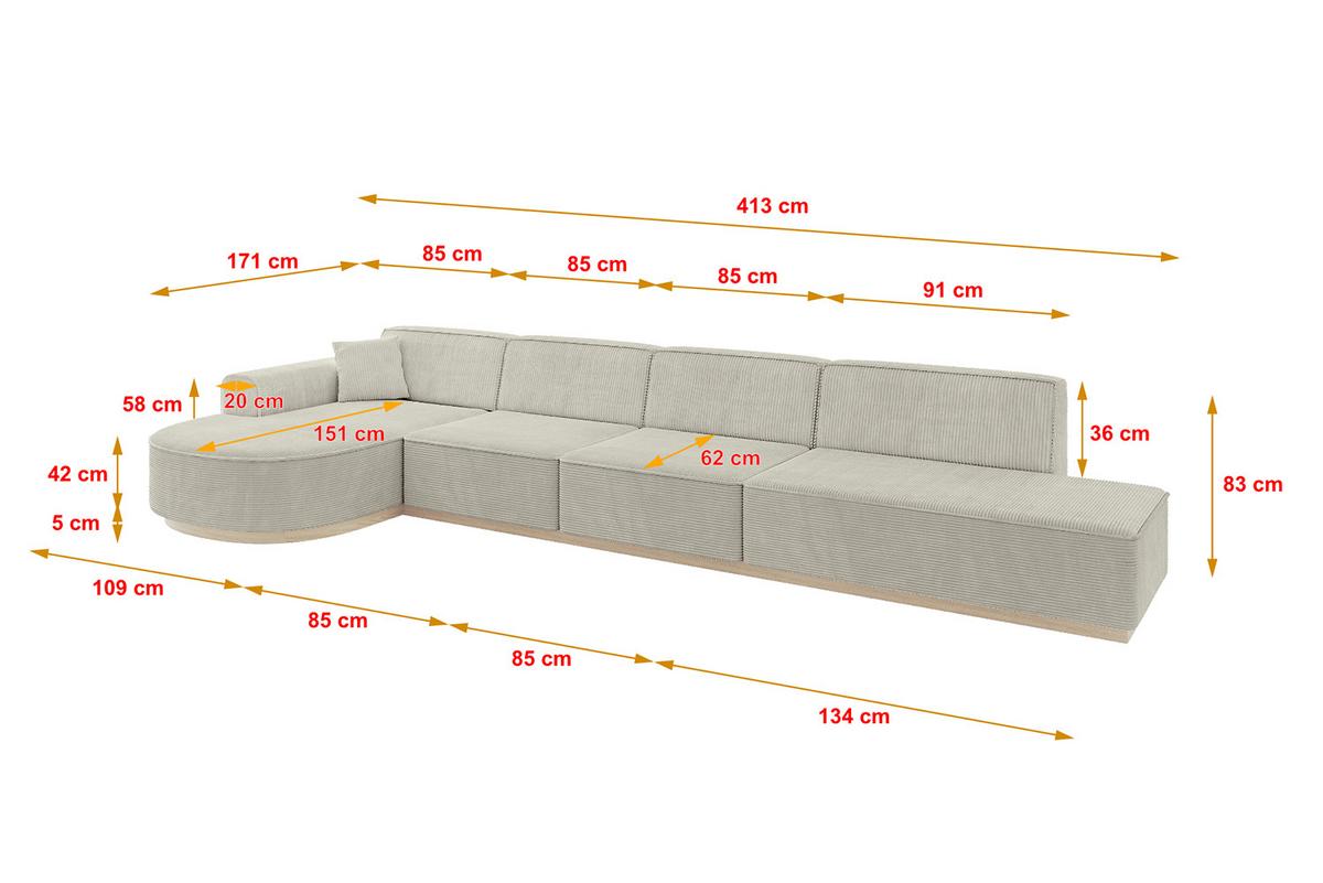 ECKSOFA Ottomane Links ARRIO-L3 - 413x171x83 cm Creme - Hellgrau/Creme, Holzwerkstoff/Textil (413/171cm) - ALTDECOR