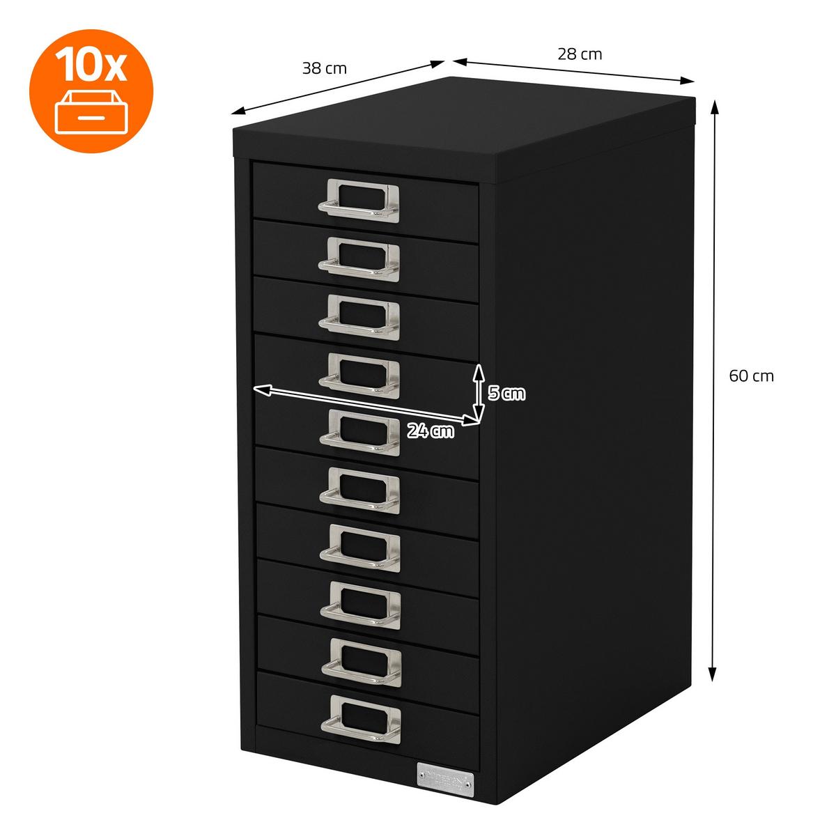 AKTENSCHRANK mit 10 Schubladen 28x38x60 cm Schwarz aus Stahl - Schwarz, Metall (38/60/28cm) - ML-DESIGN