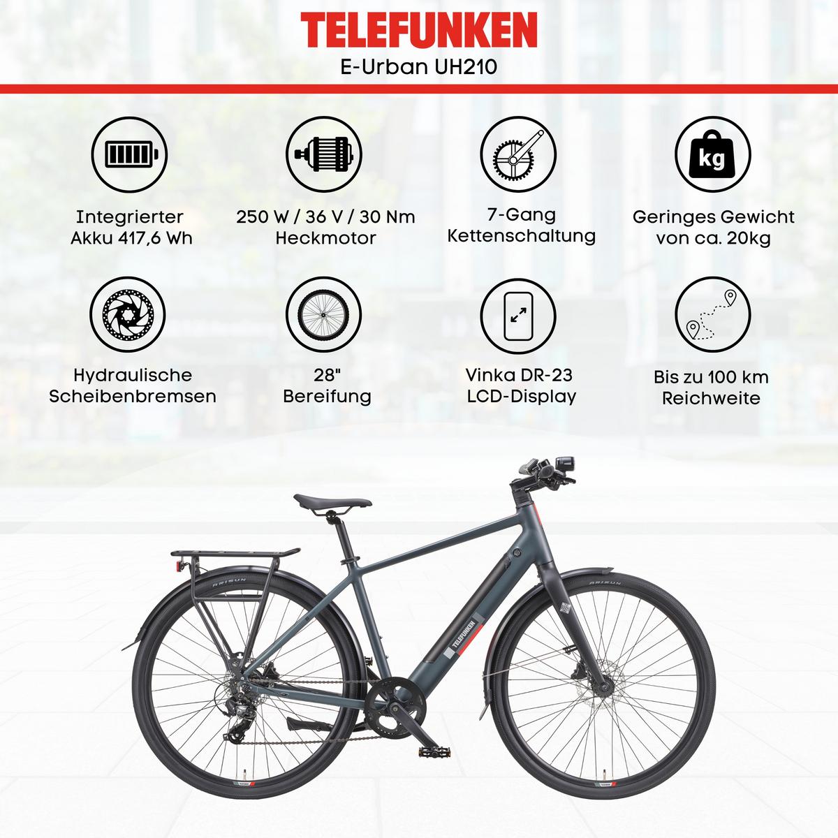 E-BIKE Urban UH210 Elektrofahrrad 28 Zoll Pedelec 417,6 Wh Hinterradmotor 7-Gang Kettenschaltung, leicht - Grau, Metall (111cm) - Telefunken