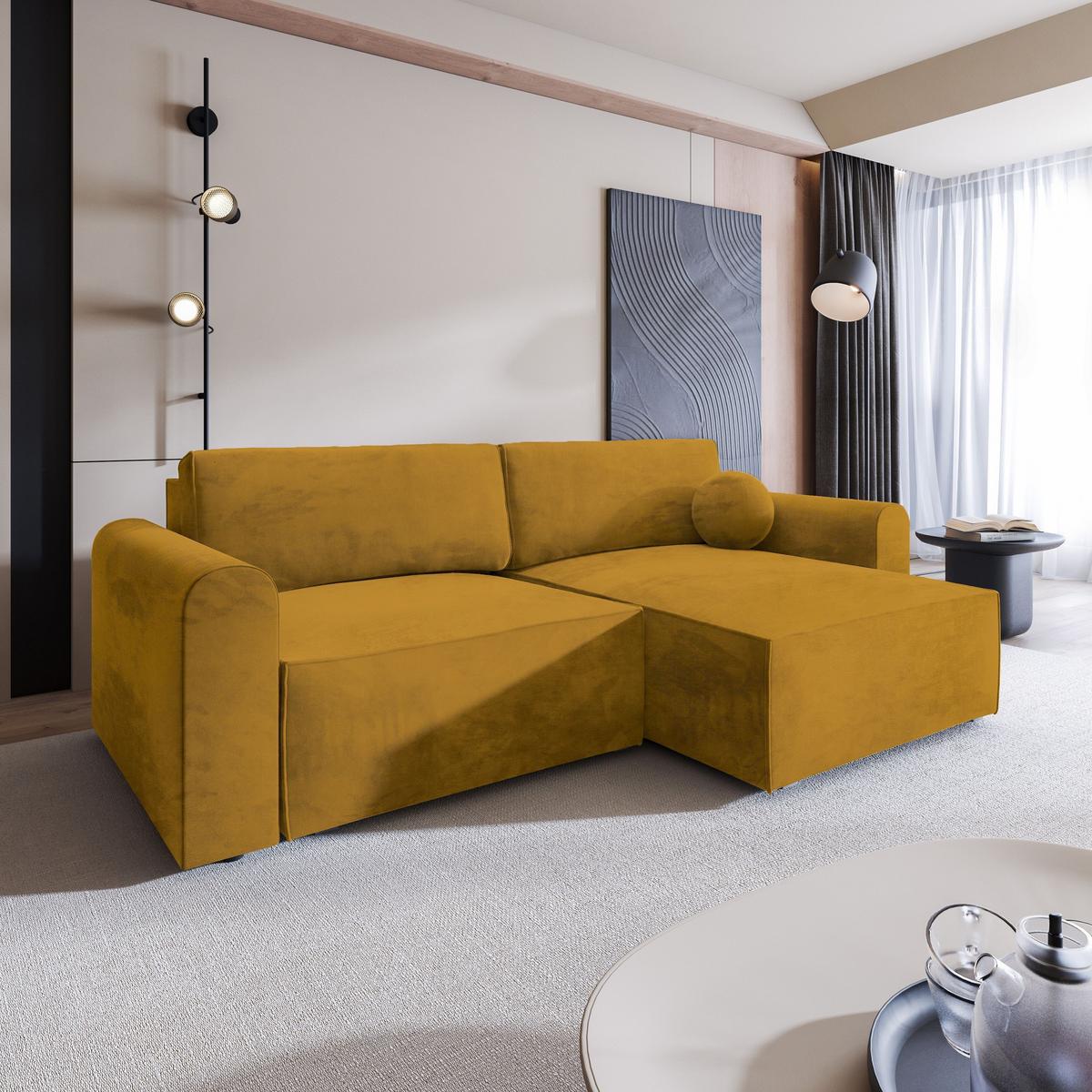 ECKSOFA FIANO M Gelb Velours-Stoff mit Schlaffunktion - Gelb/Grau, Holz/Kunststoff (245/148cm) - MASSENO