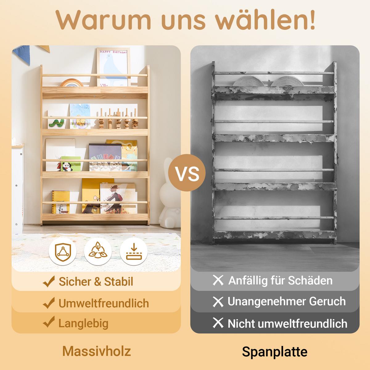 BÜCHERREGAL für Kinder mit 4 Ablagen, Kiefer - Naturfarben, Holz (80/118/12cm) - SoBuy