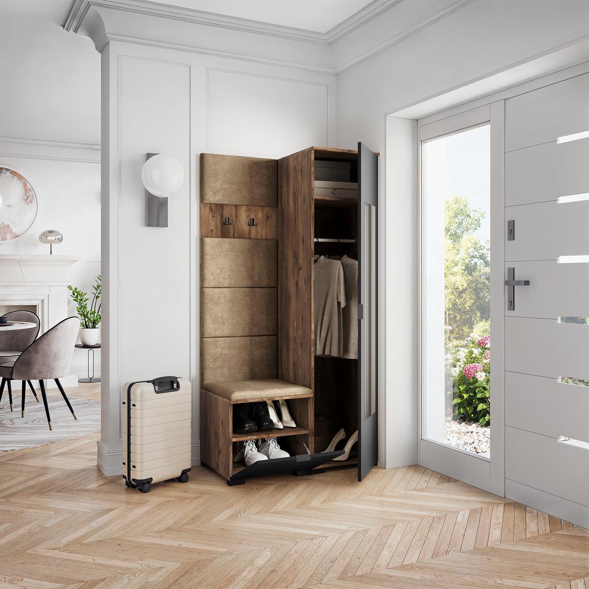 GARDEROBENSCHRANK VIRA 95/181/51 cm Modern Garderobe-Set Eiche Lefkas - Eichefarben/Schwarz, Holzwerkstoff (95/181/51cm) - MASSENO