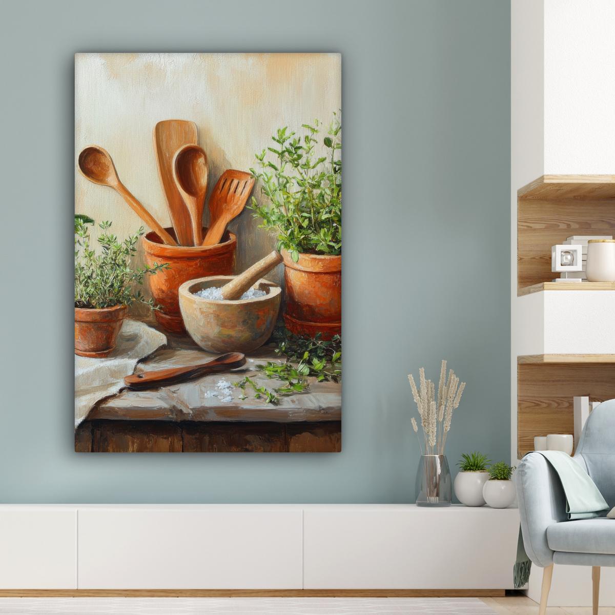LEINWANDBILD Töpfe - Kräuter - Holz Deko XXL 80x120 cm - Terracotta, Textil (80/120cm) - MuchoWow