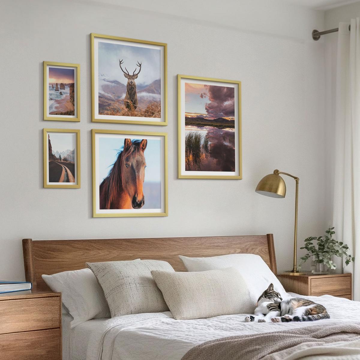 BILDER SET 5er Set - 50x50 cm & 20x30 cm & 40x60 cm Goldrahmen - Berglandschaften, Rentiere, Pferdestraße - Goldfarben, Kunststoff (40/60cm) - TULUP