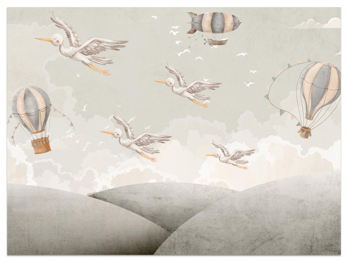 FOTOTAPETE für Kinderzimmer Boho Störche Aquarell Balon Luftschiff Himmel 300x210 - Beige/Weiß, Papier (300/210cm) - Muralo