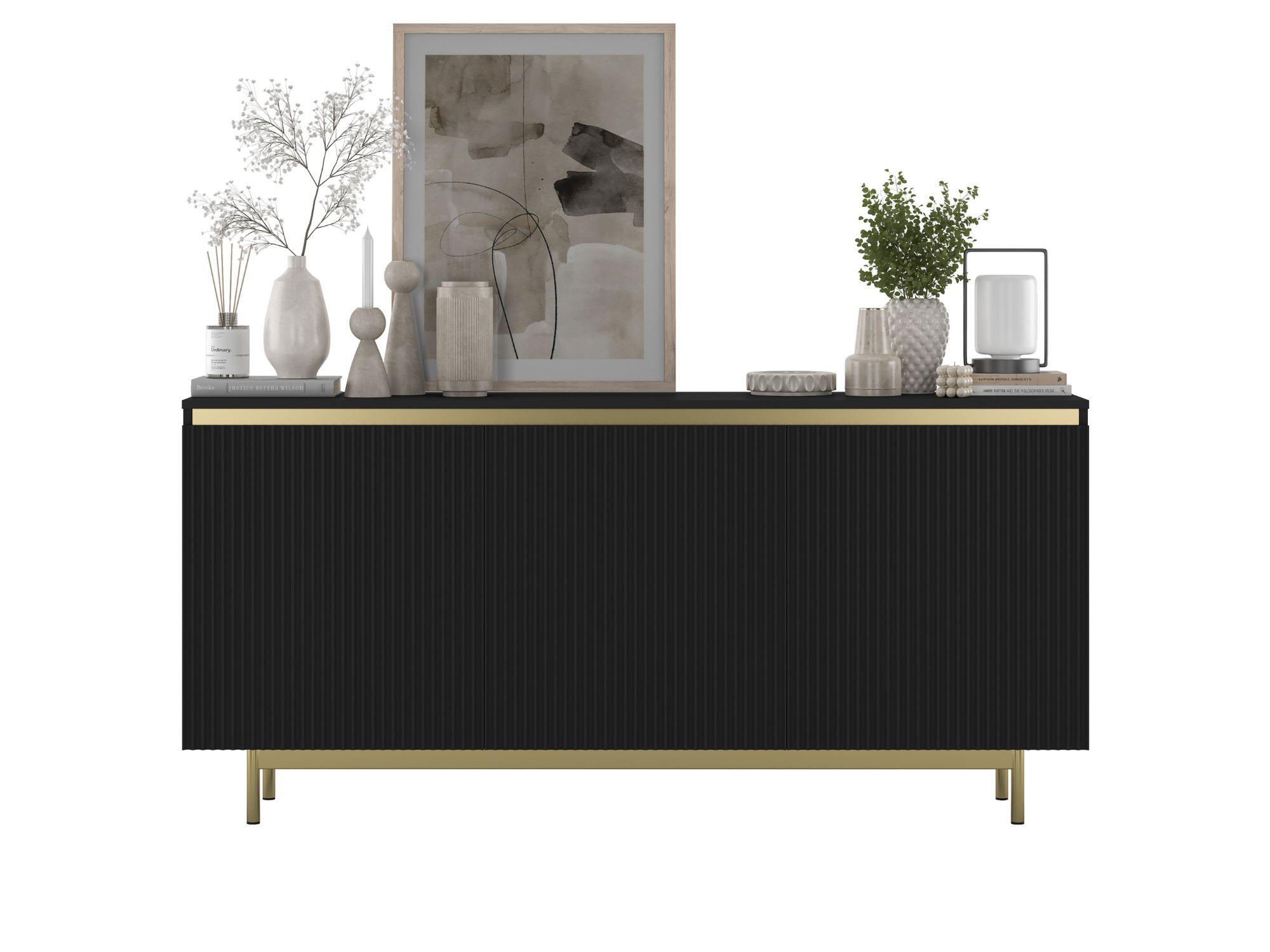 KOMMODE Selene 3D Schwarz matt 167 cm mit goldenem Metallrahmen - Goldfarben/Schwarz, Holzwerkstoff/Metall (167/79/35cm) - Meble Lindner