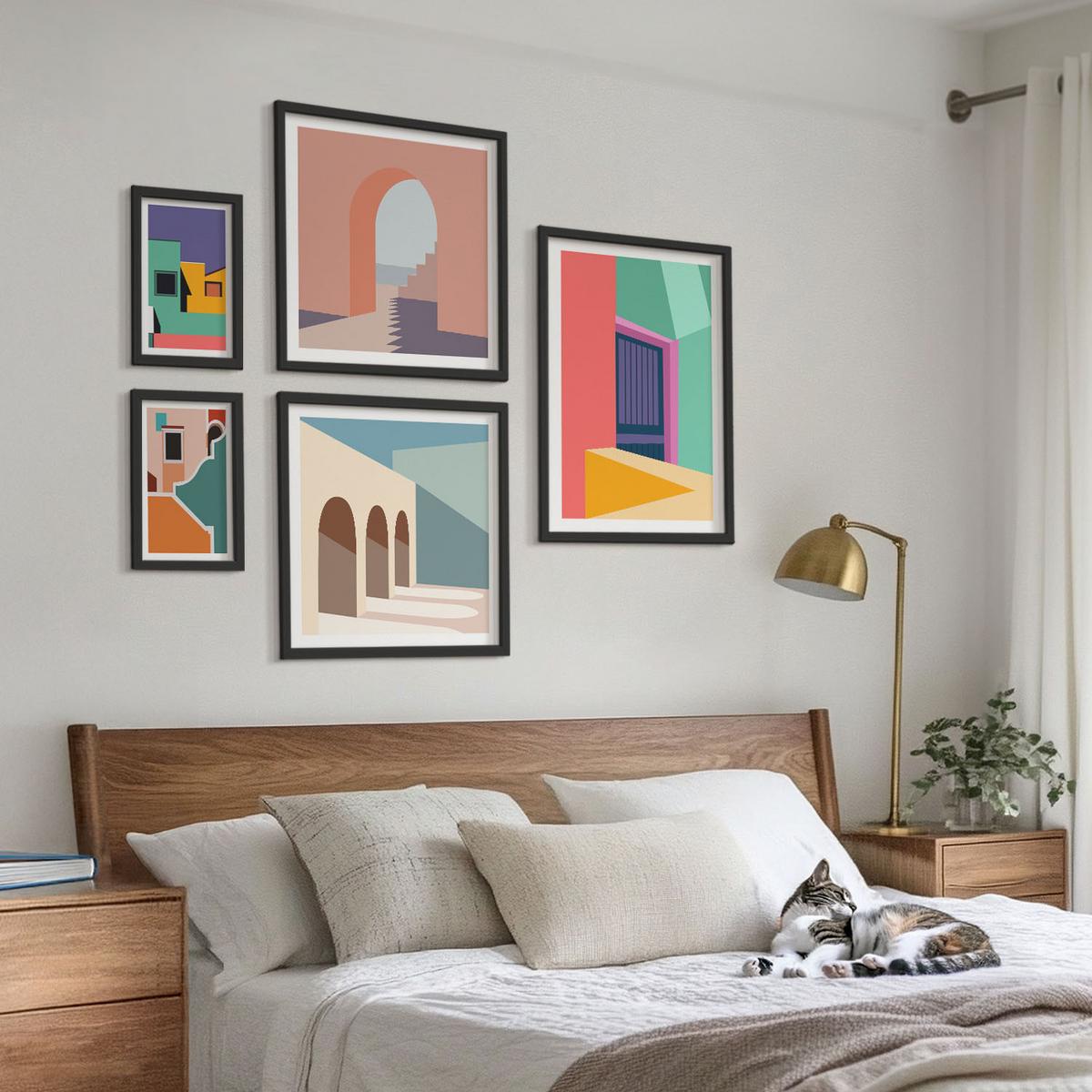 BILDER SET 5er Set - 50x50 cm & 20x30 cm & 40x60 cm Schwarzer Rahmen - Farbenfrohe Illustrationen der Stadt - Schwarz, Kunststoff (40/60cm) - TULUP