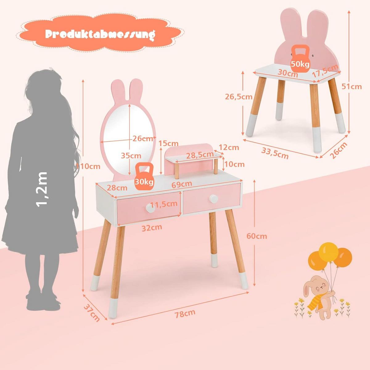 KINDER SCHMINKTISCH Set Pink - Pink, Holz (78/110/37cm) - COSTWAY