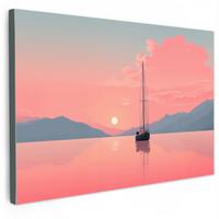 LEINWANDBILD Segelboot - Rosa Meer - Sonnenuntergang - Berge Groß 140x90 cm - Rosa, Textil (140/90cm) - MuchoWow