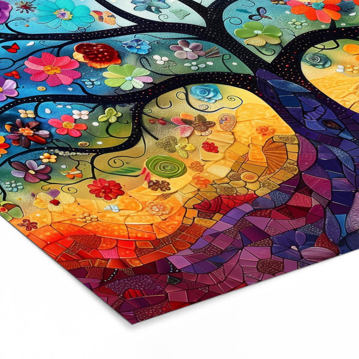 POSTER MIT RAHMENGERAHMTES BILD Kunst - Baum des Lebens - Blumen - Hippie 80x60 cm - Dunkelblau, Papier (80/60cm) - MuchoWow