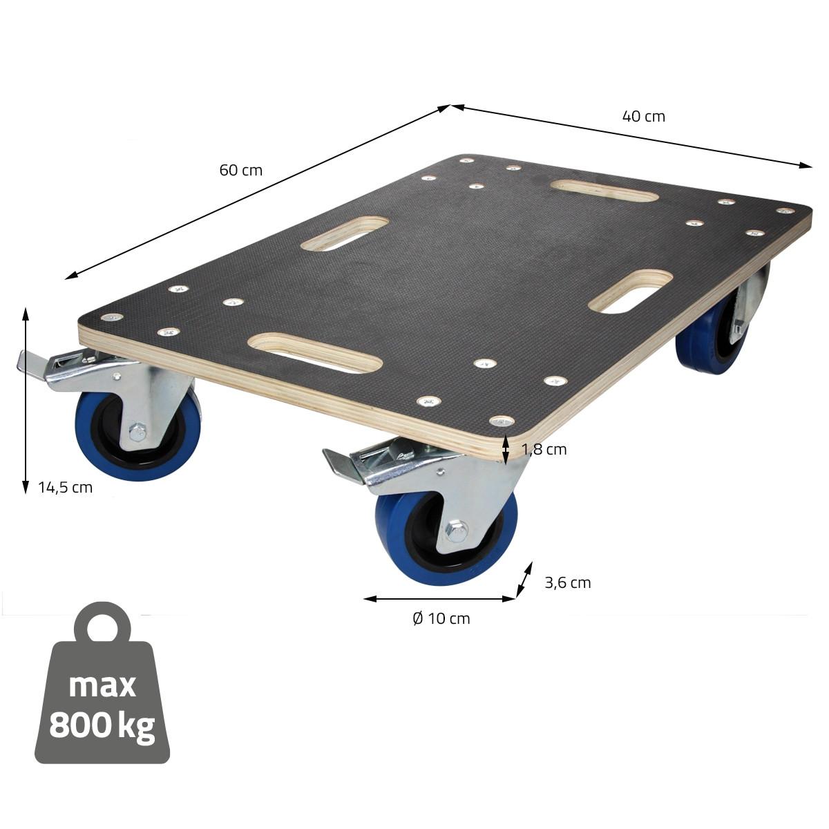 TRANSPORTROLLER 2er Set mit 4 Rollen 2 mit Bremsen 40x60 cm Traglast 800kg Siebdruck Holzplatte Black - Dunkelgrau, Holzwerkstoff (60/40/14.5cm) - ECD-Germany