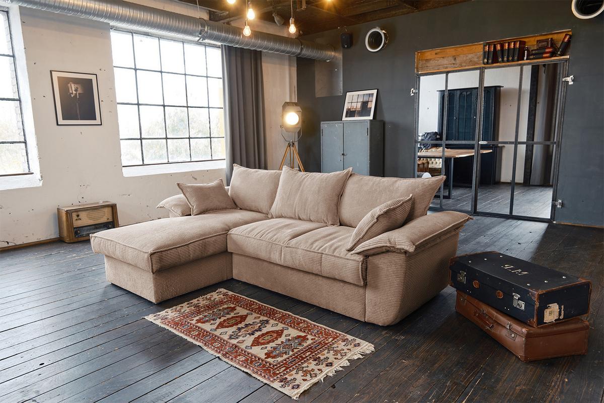 ECKSOFA DAMETO Braun Cord Mit Schlaffunktion - Schwarz/Braun, Kunststoff/Textil (266/174cm) - KAWOLA