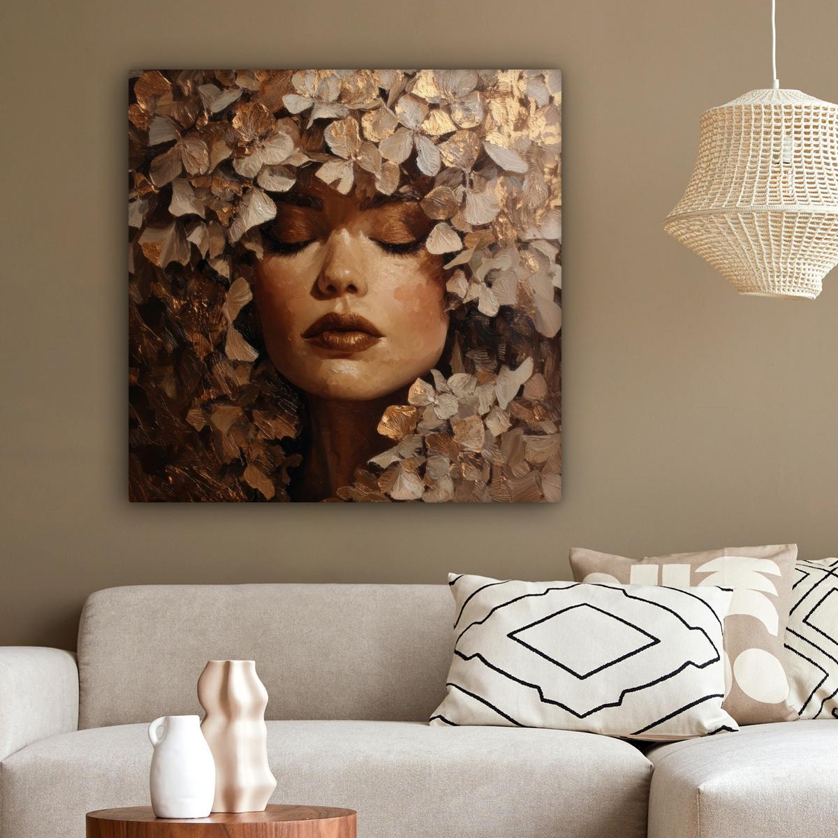 LEINWANDBILD Gesicht - Dame - Blätter - Pinselstriche Deko Groß 90x90 cm - Goldfarben, Textil (90/90cm) - MuchoWow