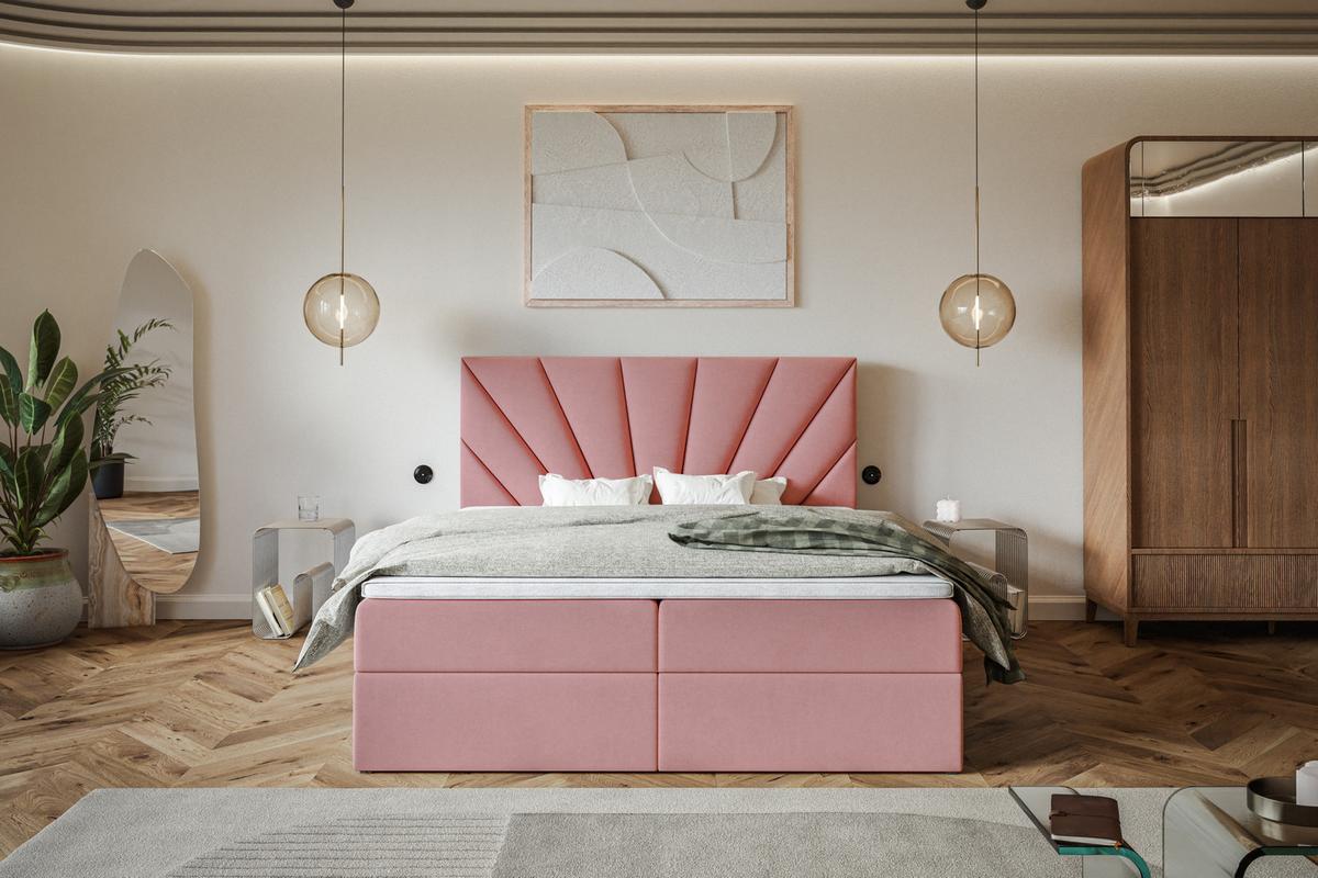 BOXBETT DENVER mit 2 Bettkästen, 140x200, Farbe: Rosa, Velourstoff, Doppelbett mit Bonell-Matratze - Rosa, Holz/Kunststoff (140/200cm) - Alpi-Möbel