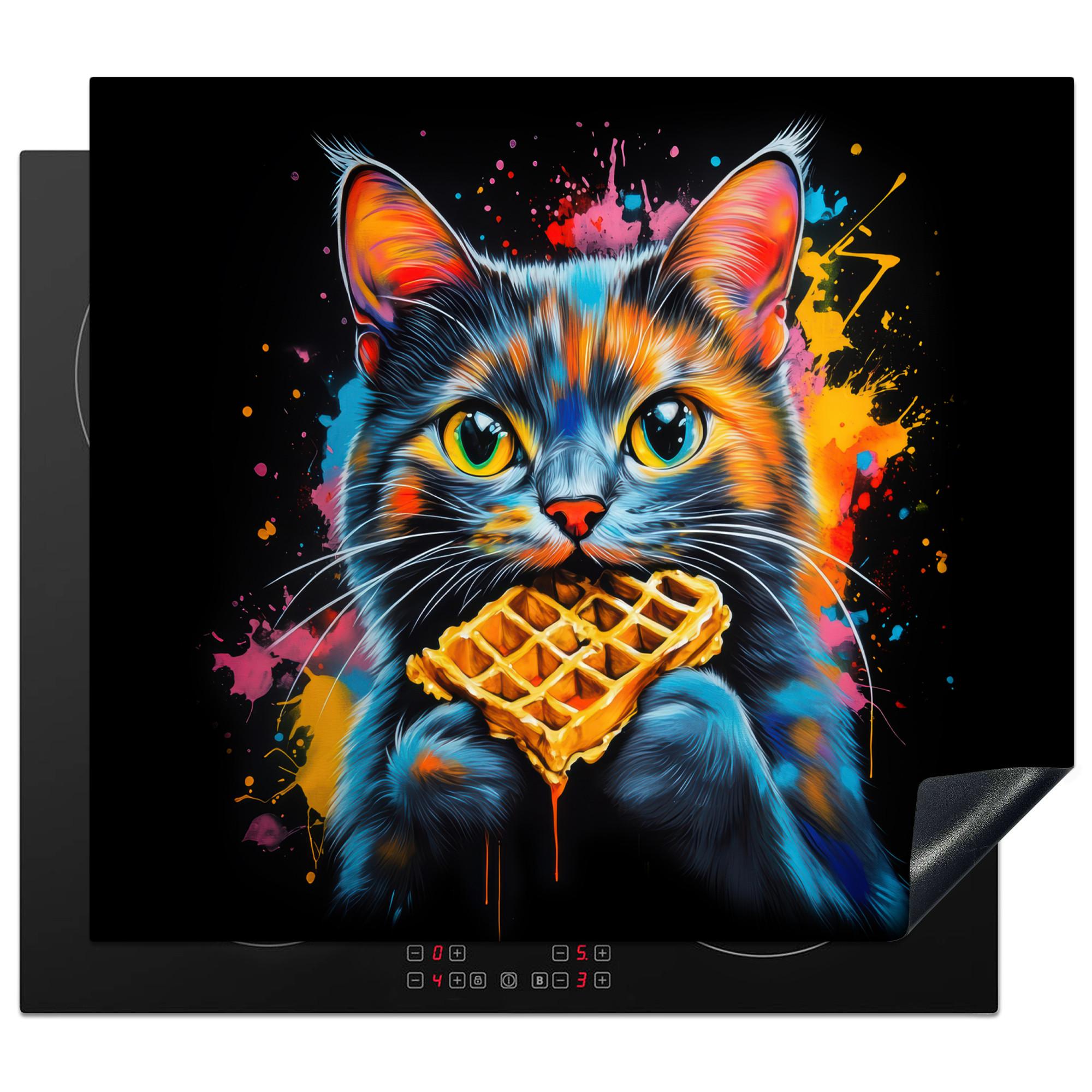 HERDABDECKPLATTE Katze - Graffiti - Bunt - Waffel - Essen Abdeckung Ceranfeld 59x51 cm - Multicolor, Kunststoff (59/51/0.2cm) - MuchoWow