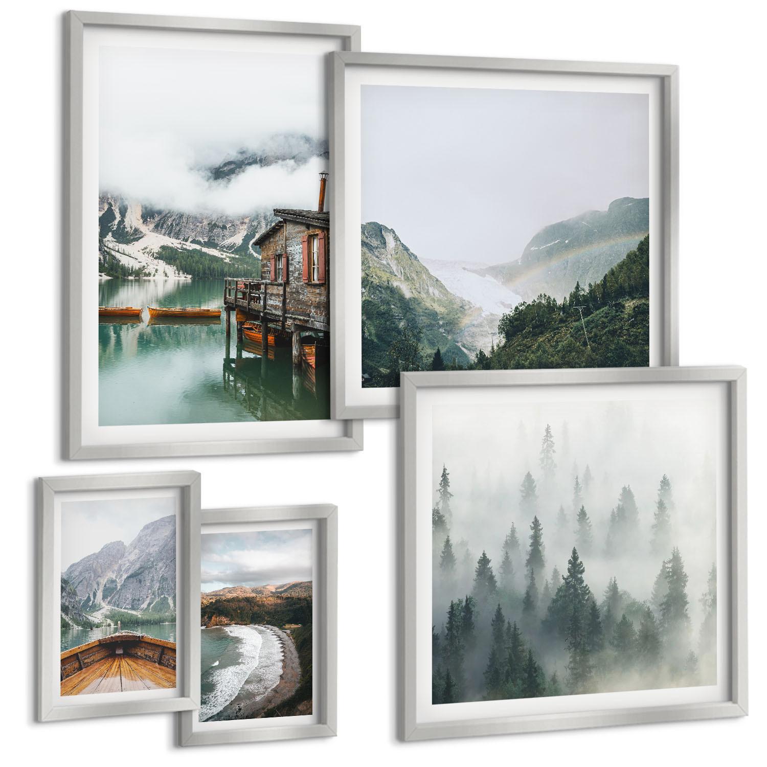 BILDER SET 5er Set - 50x50 cm & 20x30 cm & 40x60 cm Silberner Rahmen - Berge, See, Boot, Nebel, Strand - Silberfarben, Kunststoff (40/60cm) - TULUP