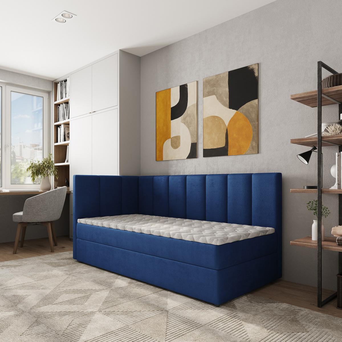 BOXBETT BEVE 90x200 cm mit Matratze und Topper, H2+H3 - Blau - Blau, Holz (90/200cm) - MASSENO