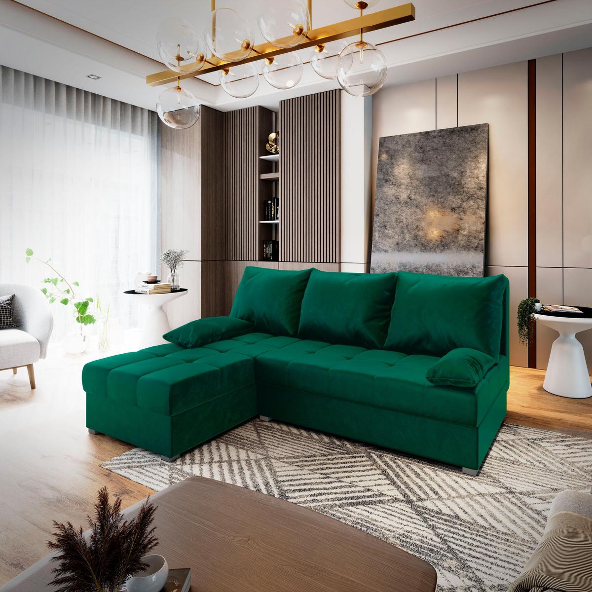 ECKSOFA RITA Grün Plüsch-Stoff mit Schlaffunktion - Grau/Grün, Holz/Kunststoff (200/141cm) - MASSENO